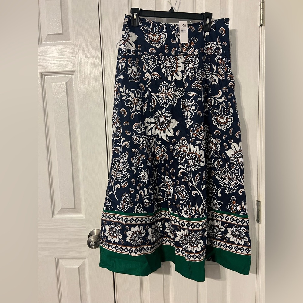 LOFT Navy and Green Floral A-Line Skirt